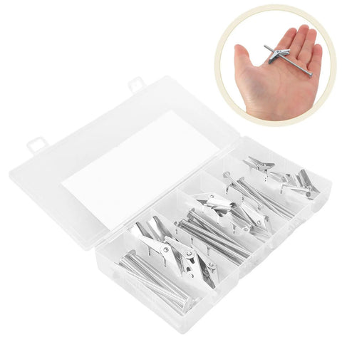 24 Piece Drywall Toggle Anchors And Screws Kit Carbon Steel Spring Loaded Hollow Wall Anchors in storage box, hand demonstration.