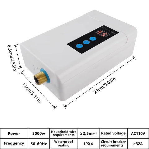 Under Sink Tankless Electric Water Heater 110V 3000W On Demand Instant Hot Water For Kitchen And Bathroom, Compact White Unit