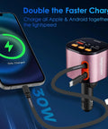 5 In 1 Ride Ready Retractable Car Charger With 90W Heavy Hitter Fast Charge And Bluetooth 5 3 FM Transmitter For Handsfree Cruise Calls Plus Two Tidy Pullback Cables For A Darn Slick Dashboard Setup connected to a phone showing 75% charge.