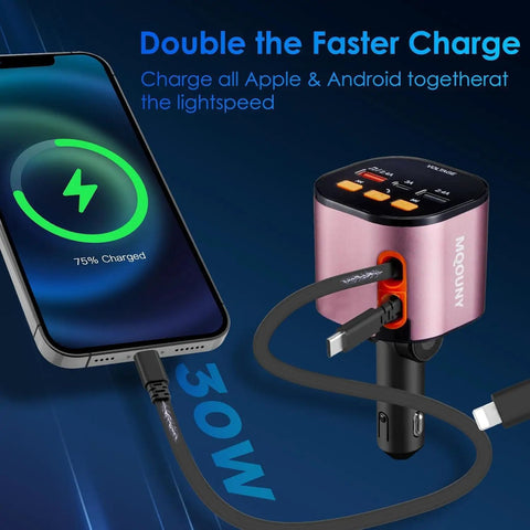 5 In 1 Ride Ready Retractable Car Charger With 90W Heavy Hitter Fast Charge And Bluetooth 5 3 FM Transmitter For Handsfree Cruise Calls Plus Two Tidy Pullback Cables For A Darn Slick Dashboard Setup connected to a phone showing 75% charge.