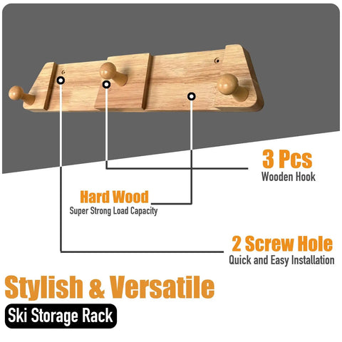Kickass Oakwood Ski Rack With 3 Hooks Wall Mount Storage For Skis Snowboards Longboards showing three wooden hooks for gear.