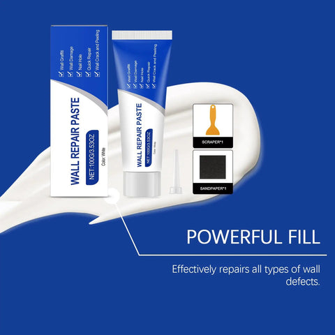 DIY Friendly All In One Drywall Repair Kit with patches, spackle, sanding paper, scraper shown against blue background for wall mending.