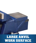 General Purpose Bench Vise With 4 Inch Jaw Width 3 Inch Max Jaw Opening 2 One Quarter Inch Throat 120 Degree Swivel Base Hardened Steel Replaceable Jaws Serrated For Secure Grip Under Max Torque Heavy Duty Cast Iron DIY Tool bench vise with large anvil work surface.