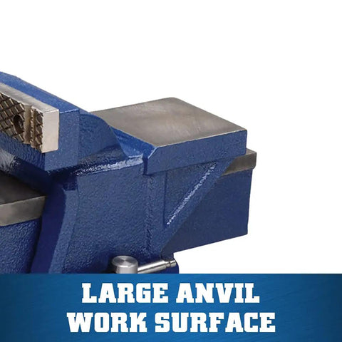 General Purpose Bench Vise With 4 Inch Jaw Width 3 Inch Max Jaw Opening 2 One Quarter Inch Throat 120 Degree Swivel Base Hardened Steel Replaceable Jaws Serrated For Secure Grip Under Max Torque Heavy Duty Cast Iron DIY Tool bench vise with large anvil work surface.
