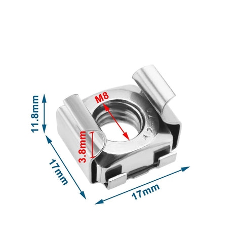 Rock Solid M8 Cage Nuts 304 Stainless Steel Hardware Kit 20 Piece Set For Server Racks, 17mm square holes and M8 threading.
