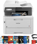 Top Tier Digital Color All In One Wireless Laser Printer Bundle Featuring Hella Smooth Copy Scan Fax Functions And Straight Up PC Driver Downloads Plus Six Foot Usb Cable For Your Office on display with accessories.