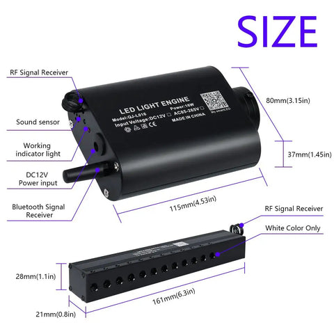 Diagram of Shooting Star Fiber Optic Headliner Kit's LED light engine, with dimensions and component labels visible.