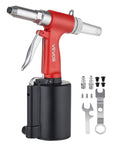 Pneumatic Rivet Gun Kit With Four Nosepieces 3/32 Inch 1/8 Inch 5/32 Inch And 3/16 Inch For Flexible Riveting In Metal Fabrication Automotive And Construction Projects Built For Real World Jobs Lightweight Durable And Easy To Use, red rivet gun with nosepieces and wrenches