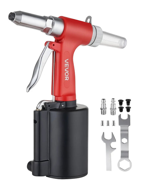 Pneumatic Rivet Gun Kit With Four Nosepieces 3/32 Inch 1/8 Inch 5/32 Inch And 3/16 Inch For Flexible Riveting In Metal Fabrication Automotive And Construction Projects Built For Real World Jobs Lightweight Durable And Easy To Use, red rivet gun with nosepieces and wrenches