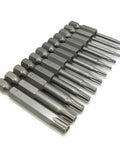 Heavy Duty Security Torx Screwdriver Bits Set With Rock Solid Magnetic S2 Steel And One Quarter Inch Hex Shank Two Inch Long T5 Through T40 Star Driver Kit arranged in a row.
