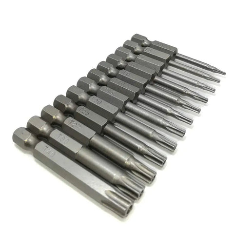 Heavy Duty Security Torx Screwdriver Bits Set With Rock Solid Magnetic S2 Steel And One Quarter Inch Hex Shank Two Inch Long T5 Through T40 Star Driver Kit arranged in a row.