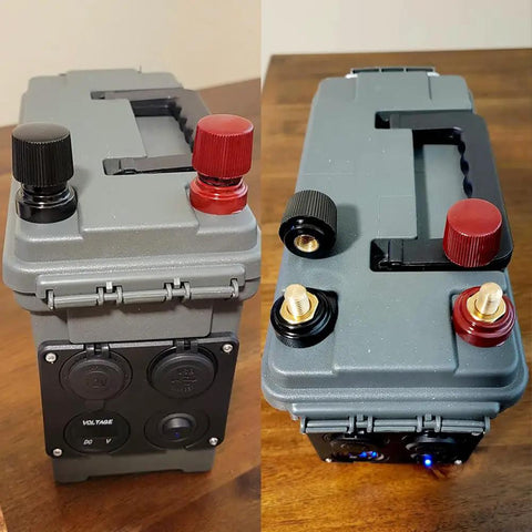No Sweat M10 Remote Battery Terminals And 250 Amp Jump Post For Quick Terminal Relocation Easy Panel Mount With Solid Brass Core red black remote jumper posts in grey utility box.