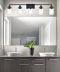 5-Light Vanity Lights Matte Black Finish, Farmhouse Industrial Wall Sconce With Clear Glass Shades above bathroom mirror
