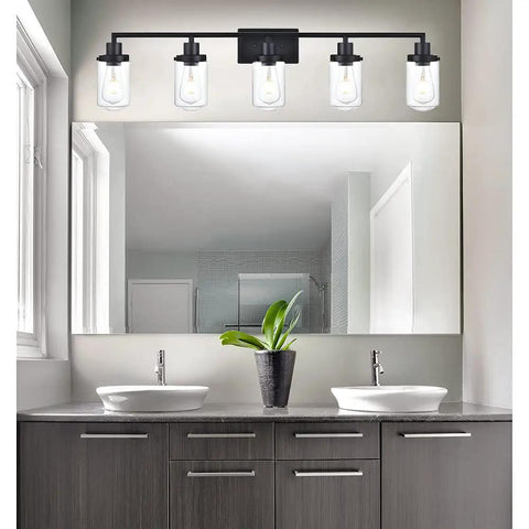 5-Light Vanity Lights Matte Black Finish, Farmhouse Industrial Wall Sconce With Clear Glass Shades above bathroom mirror