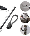 Flexible crevice tool from Universal Vacuum Attachment Kit with measurement details, used on ceiling, sofa, and bookshelf.