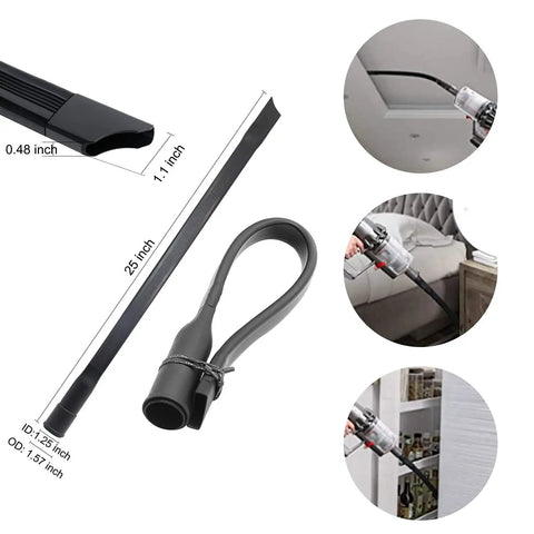 Flexible crevice tool from Universal Vacuum Attachment Kit with measurement details, used on ceiling, sofa, and bookshelf.