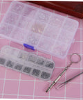 Eyeglass Repair Kit With Assorted Tiny Screws Nose Pads And Screwdriver For Sunglasses And Spectacles Complete Tool For Quick Repairs And Adjustments Grab And Go Convenience With Organized Storage Case visible on pink grid background.