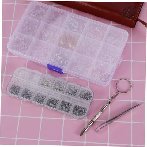 Eyeglass Repair Kit With Assorted Tiny Screws Nose Pads And Screwdriver For Sunglasses And Spectacles Complete Tool For Quick Repairs And Adjustments Grab And Go Convenience With Organized Storage Case visible on pink grid background.