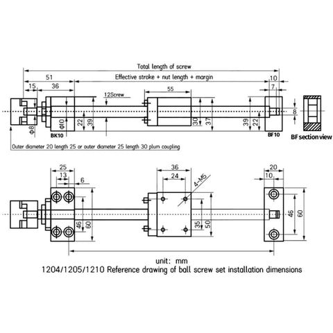 Check Out This Sweet SFU1204 1000mm Ball Screw Kit with C7 Accuracy, 12mm Roller Dia, Single Nut BKBF10 And DSG12H Coupler For Your CNC Build. Technical drawing of 1204 ball screw set with BK10, BF10 and coupler dimensions
