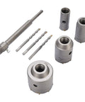 Ditch The Slow Drilling And Grab This Super Cool 5 Pcs Concrete Hole Saw Kit Made With Tough Tungsten Steel. It Has Smart Ventilation Holes For Fast Chip Removal So You Can Slice Through Brick, Cement Or Wall Like A Boss. Perfect For HVAC, Plumbing And, 5-piece tungsten steel concrete hole saw kit with drill bits