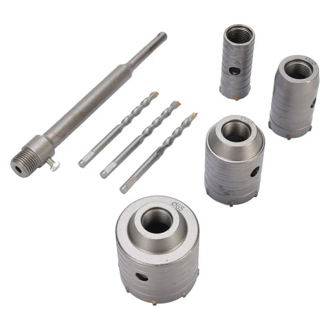 Ditch The Slow Drilling And Grab This Super Cool 5 Pcs Concrete Hole Saw Kit Made With Tough Tungsten Steel. It Has Smart Ventilation Holes For Fast Chip Removal So You Can Slice Through Brick, Cement Or Wall Like A Boss. Perfect For HVAC, Plumbing And, 5-piece tungsten steel concrete hole saw kit with drill bits