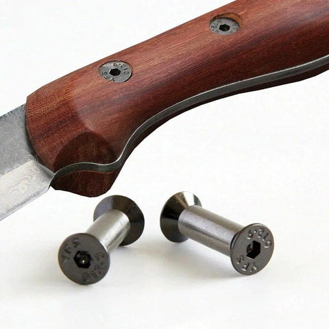 Knife with wooden handle using 10 Piece Knife Handle Bolt Rivet Screw Fastener Nut Kit For DIY Projects, M4 Screws, shown close up