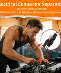Mechanic using 7 Piece Electrical Disconnect Pliers Set With Leather Case Auto Connector Removal Kit on car engine.