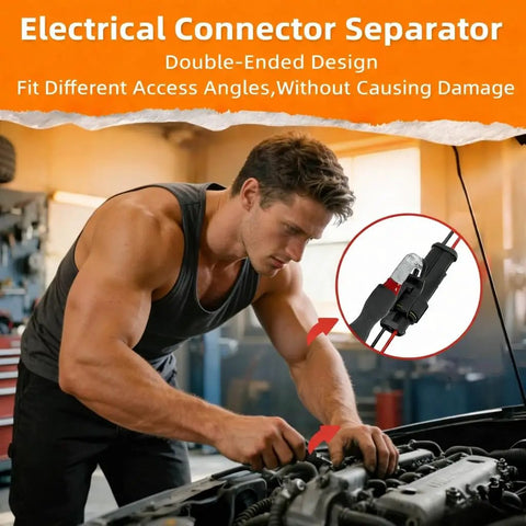 Mechanic using 7 Piece Electrical Disconnect Pliers Set With Leather Case Auto Connector Removal Kit on car engine.