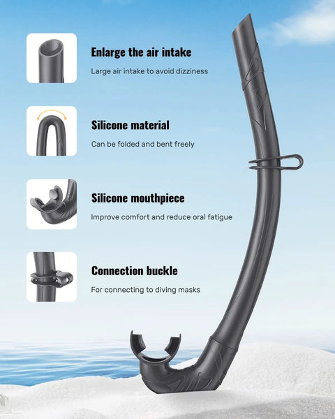 Foldable Silicone Snorkel For Adults With A Wide Tube For Effortless Breathing Anti Drop Design shown with features