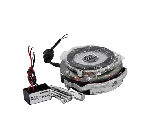 DHM3 electromagnetic brake with copper rotor, front view showing wiring harness, control box, and mounting bolts.