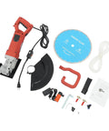 Badass 3000W 14 Inch Electric Concrete Saw With Built In Water Pump parts including diamond blade and accessories laid out.