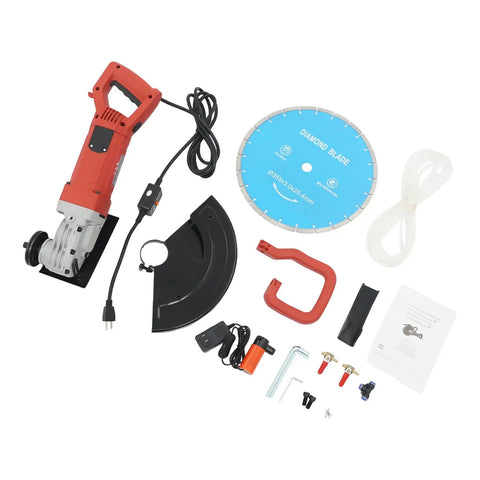 Badass 3000W 14 Inch Electric Concrete Saw With Built In Water Pump parts including diamond blade and accessories laid out.