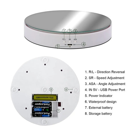 Smart Motorized Rotating Display Stand Electric Turntable 360 Degree Spin Platform for Jewelry Photography, showing top and bottom with controls.