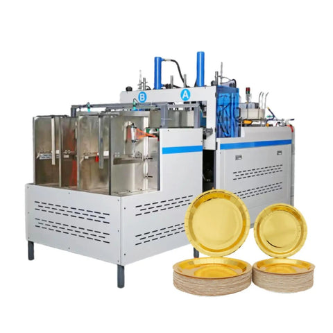 Automatic Paper Plate Making Machine With No Fuss, User Friendly Interface, double stack of gold plates in front view