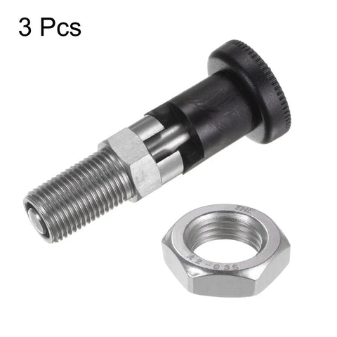 Pack Of Three Push Fit Ball Nose Spring Plungers Metric M16 Thread 8mm Pin Stainless Steel with nut shown.