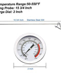 15 Inch Turkey Fryer Thermometer With Pot Clip 2 Pack, shown with 15.75-inch probe and 2-inch dial, stainless steel