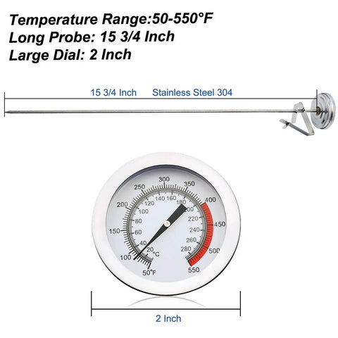 15 Inch Turkey Fryer Thermometer With Pot Clip 2 Pack, shown with 15.75-inch probe and 2-inch dial, stainless steel