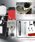 Heavy Duty Magnetic Drill Press 1400W With Tapping 7/8 Inch Drill Chuck And 1/2 Inch Tap 3821 Lbf Suction, accessories and effects.