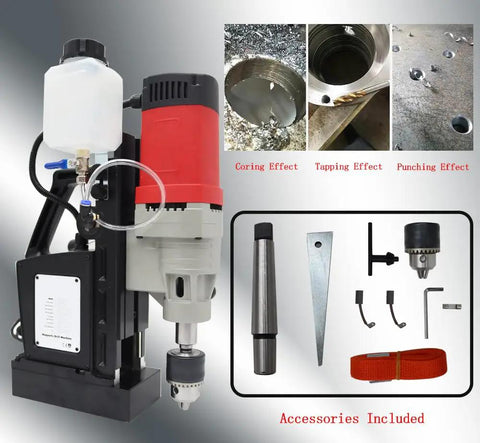 Heavy Duty Magnetic Drill Press 1400W With Tapping 7/8 Inch Drill Chuck And 1/2 Inch Tap 3821 Lbf Suction, accessories and effects.