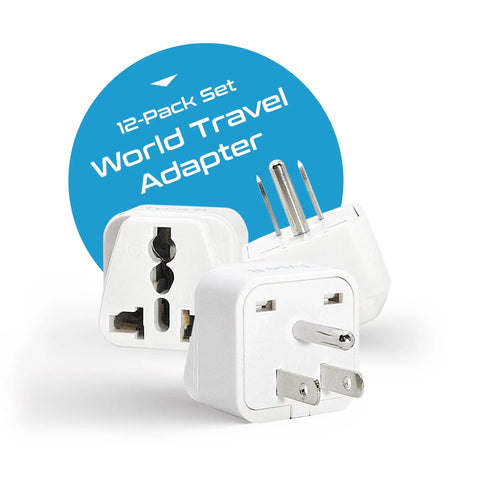 Universal Travel Plug Adapter Set With Types A Through M Plugs, 12 Pack, compact adapters in white with various plug types visible