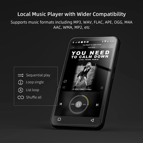 4 Inch MP3 Player With Bluetooth And WiFi Supports Spotify Amazon Music Pandora Audible, showing music app and controls.