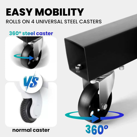 Heavy Duty 2 Ton Folding Hydraulic Engine Hoist Handling Up To 4000 Pounds Without Breaking A Sweat For Home Garages and Pro Auto Shops showing a 360° steel caster for easy mobility.