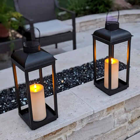 Huge Outdoor Solar Powered LED Candle Lantern 18 Inch Tall Open Frame Black Metal Dusk To Dawn Auto On Timer No Glass Porch Garden