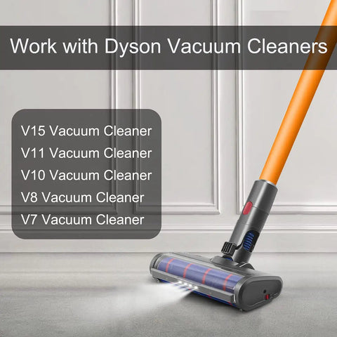 Soft Roller Cleaner Head With LED Headlights For Dyson V7 V8 V10 V11, shown with compatibility list and glowing floor