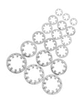 Stainless Steel Internal Tooth Lock Washers 300 Piece Star Shape Fastener Set in varying sizes for industrial use.