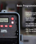 Plug-and-Play Astronomic 7 Day Time Switch for Auto On Off Scheduling with buttons and screen showing programming overview
