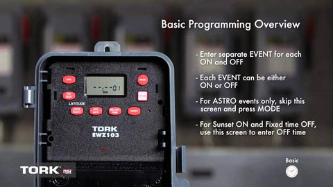 Plug-and-Play Astronomic 7 Day Time Switch for Auto On Off Scheduling with buttons and screen showing programming overview