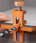 Adjustable Wardrobe Cabinet Door Panel Installer Jig in use, aluminum alloy with orange finish, includes 10mm twist drill.