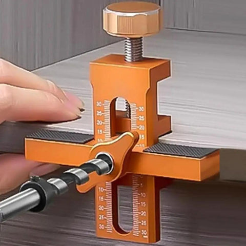 Adjustable Wardrobe Cabinet Door Panel Installer Jig in use, aluminum alloy with orange finish, includes 10mm twist drill.