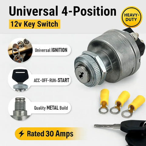 4 Position Ignition Switch For 12V Vehicles And Equipment ACC Off Run Start Heavy Duty 30A Zinc Die Cast Construction with key
